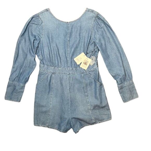 NWT Something Navy Chambray Short Romper Long Sleeve Pearl Buttons Size Large - Picture 2 of 11